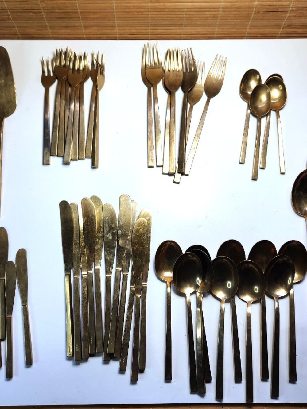 Vintage Mid Century Thai Bronze Flatware 59 Piece Set Thailand Gold Tone Cutlery